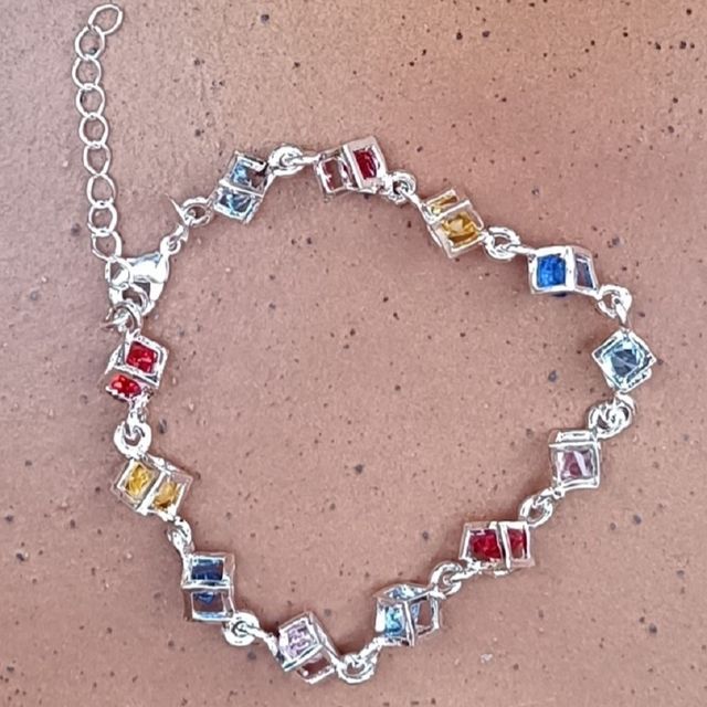 Pulsera Plata Cubos Cristal Multicolor