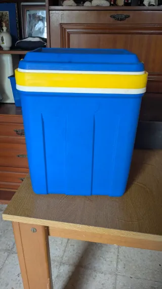 Nevera portátil azul y blanca