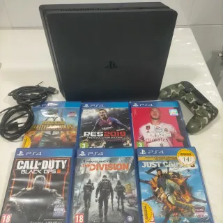 PS4 Slim Negra + 6 Juegos + Mando Camuflaje