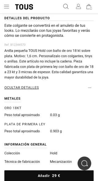 Anilla Tous Hold pequeña dorada
