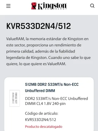 Memoria RAM DDR2 512MB Kingston