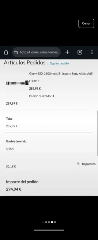 Teleobjetivo Gloxy 650-1300mm f/8-16 hasta 2600mm