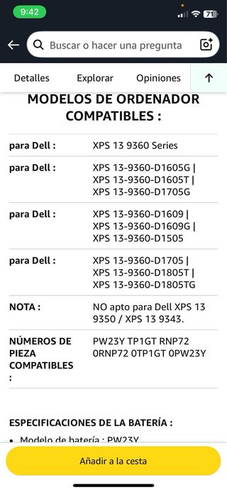 Batería Dell XPS 13 13D 7.6V 56Wh