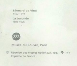 La Joconde Lámina Reproducción Souvenir 1987.