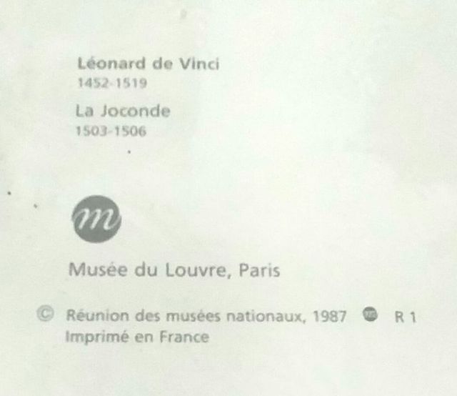 La Joconde Lámina Reproducción Souvenir 1987.