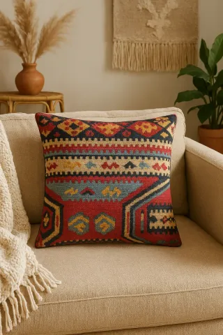 Cuscino decorativo kilim rosso e giallo