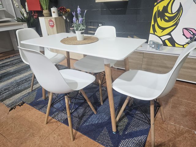 Mesa Nórdica 120cm + 4 Sillas Blancas