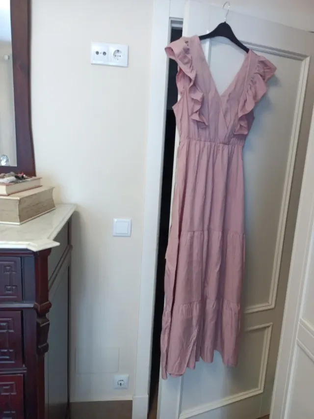 Vestido largo rosa volantes talla única