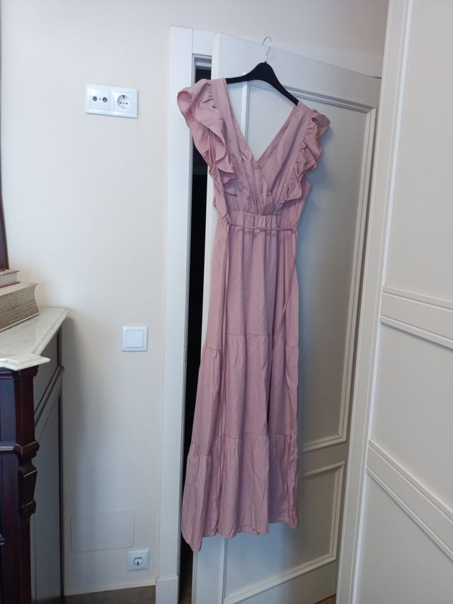 Vestido largo rosa volantes talla única
