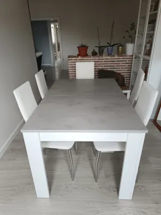 Mesa comedor extensible gris y blanca con 8 sillas