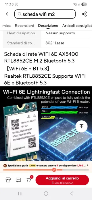 Scheda Wi-Fi 6E BT 5.3  da M.2 NGFF a mini pci