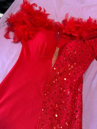 Vestido rojo con plumas y lentejuelas 