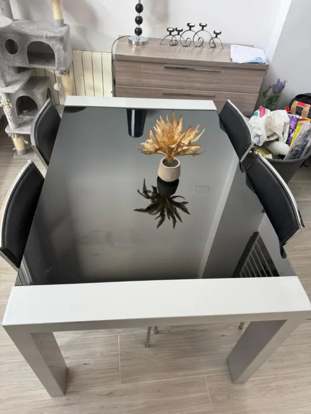 Mesa Comedor Cristal y Metal Negra/Plateada