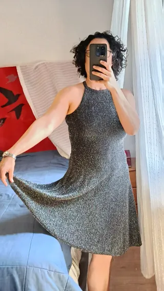 Vestido fiesta brillante negro y plateado