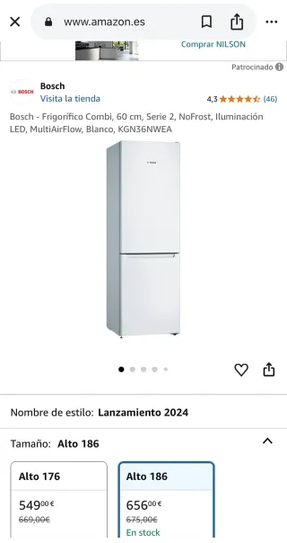 Nevera Bosch KGN36NWEA Blanca 186cm