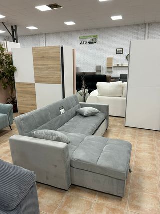 Sofá Cama Gris Tela + Chaiselongue Reversible