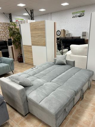 Sofá Cama Gris Tela + Chaiselongue y Arcón