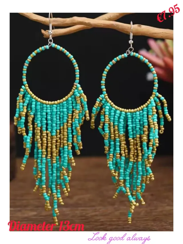 Pendientes Aro Colgantes Cuentas Turquesa y Dorado