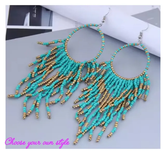 Pendientes Aro Colgantes Cuentas Turquesa y Dorado