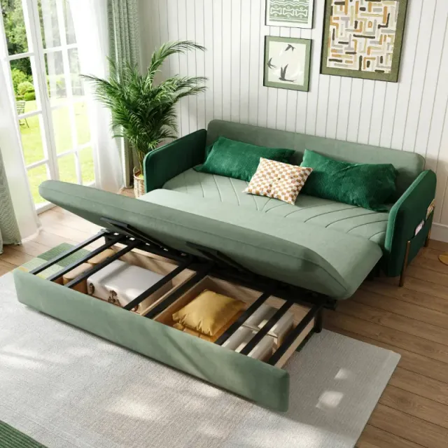 Sofá Cama Terciopelo Verde y Dorado