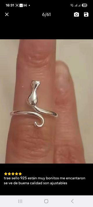 Anillo Plata 925 Ajustable Diseño Gato