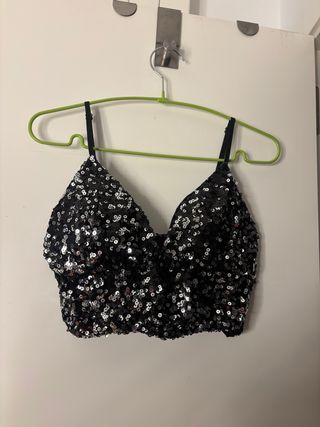 Top lentejuelas tirantes escote negro/plata