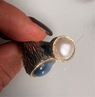 Anillo Plata Piedra Azul y Perla con oro 18k
