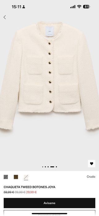 Chaqueta Tweed Mango Botones Joya Crudo