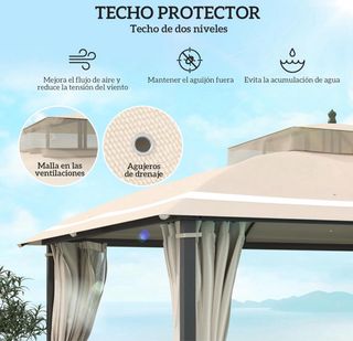 Tenda da giardino beige con tende e zanzariere