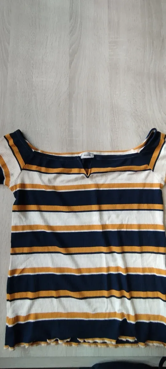Camiseta Pinkie rayas azul, blanco y ocre
