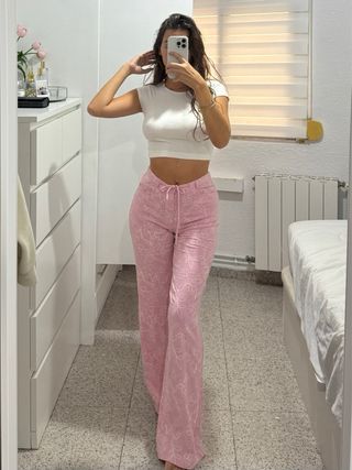 Pantalón lino bordado floral rosa