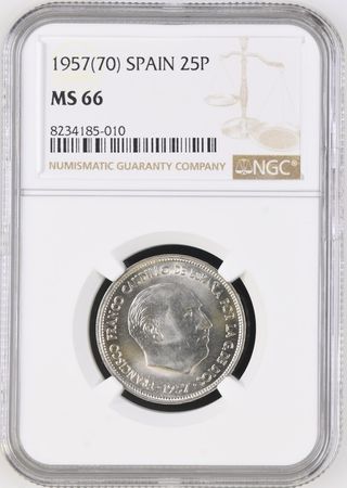 1957 España 25 Pesetas NGC MS66 TOP POP