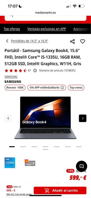 Portátil Samsung Galaxy Book4 15.6 FHD