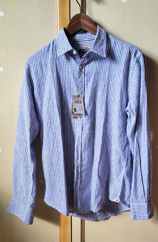 Camicia Hermitage 100% Lino Tg. S Indaco/Bianco