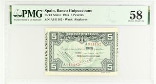 Billete 5 Pesetas España 1937 PMG 58