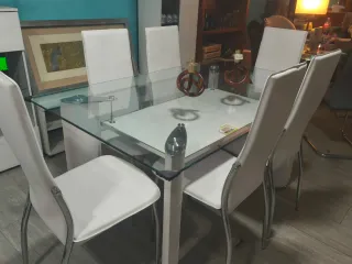 Mesa cristal templado + 6 sillas blancas
