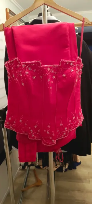 Vestido largo fiesta rojo y plateado