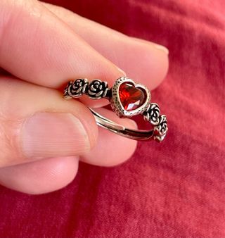 Anillo Plata 925 Corazón Rojo Rosas