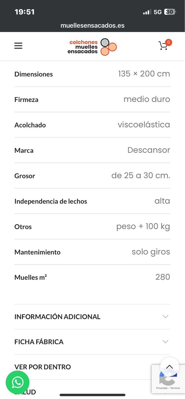 COLCHÓN MUELLES ENSACADOS 135x220. REF. Ñ