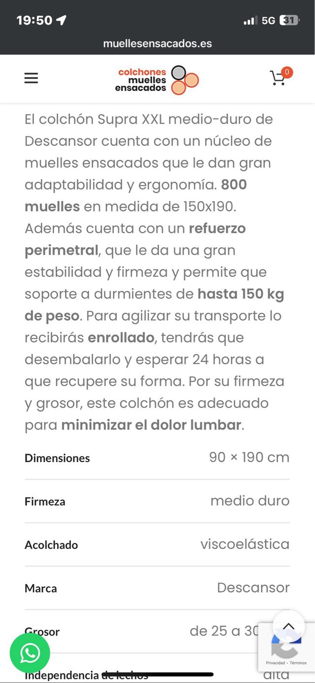COLCHÓN MUELLES ENSACADOS 135x220. REF. Ñ