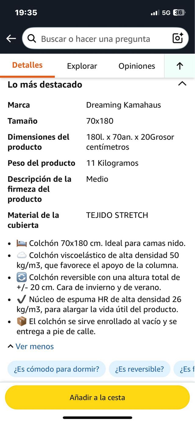 COLCHÓN VISCOELASTICO 150X200 ENROLLADO. REF. K