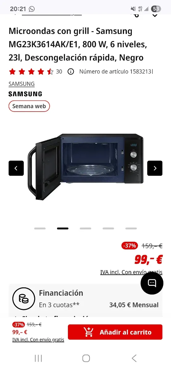 Microondas Samsung MG23K3614AK Nuevo