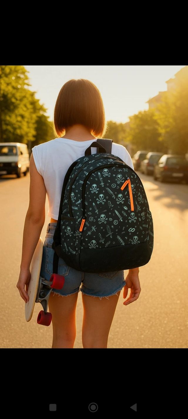 Mochila negra con estampado multicolor