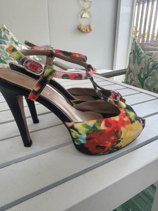 Tacones Estampado Floral Tira Tobillo