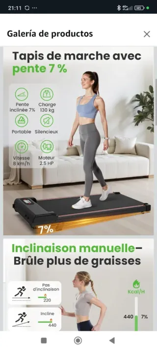 Cinta de correr con inclinación 7% home fitness