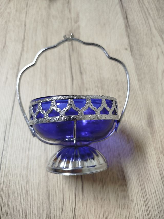 Azucarero Francés Vidrio Azul y Plata