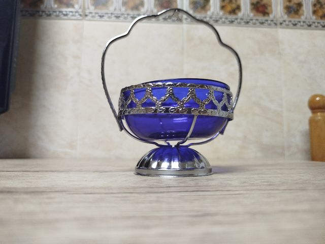 Azucarero Francés Vidrio Azul y Plata