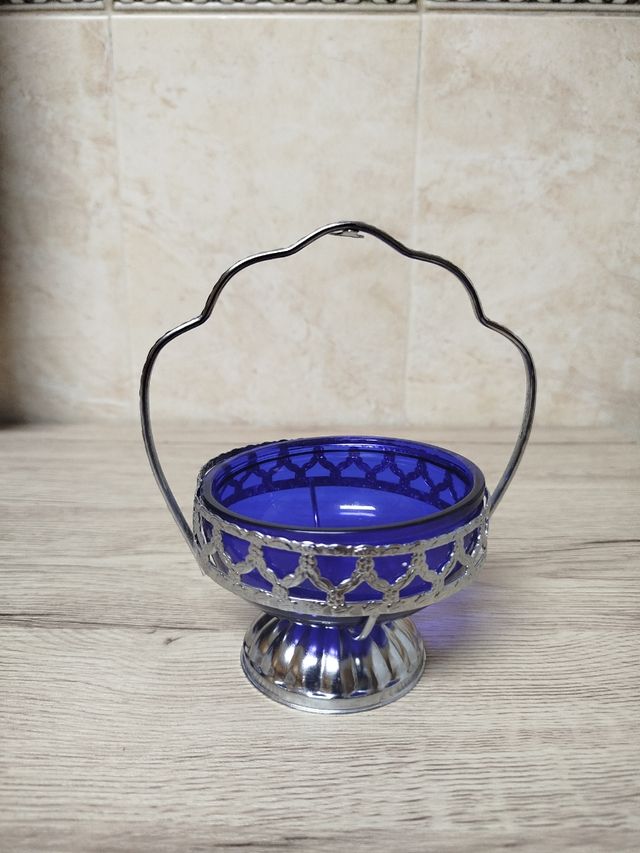 Azucarero Francés Vidrio Azul y Plata