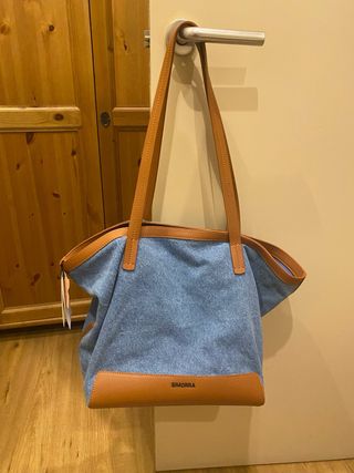 Bolso Tote Simorra Lona y Piel Azul Marrón