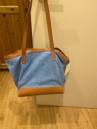 Bolso Tote Simorra Lona y Piel Azul Marrón